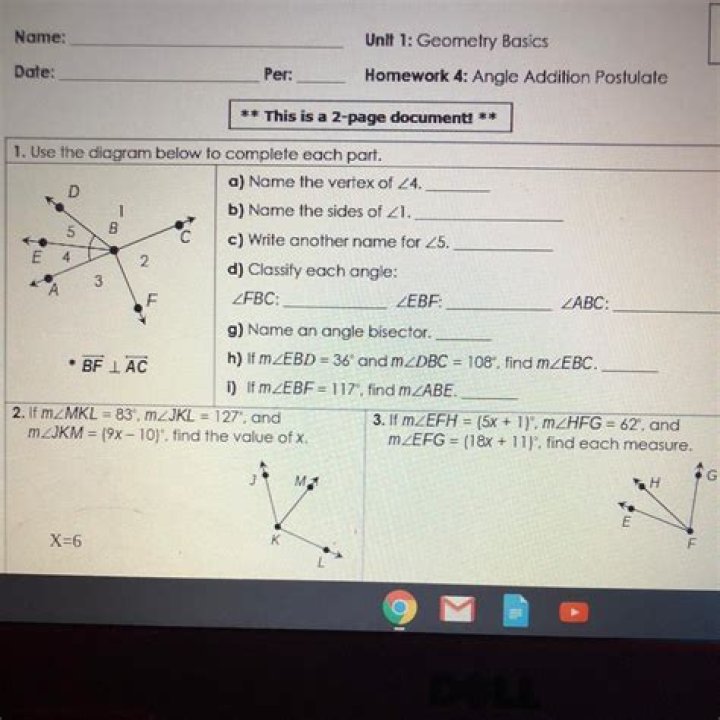 Angle Addition Postulate Homework 4 Answer