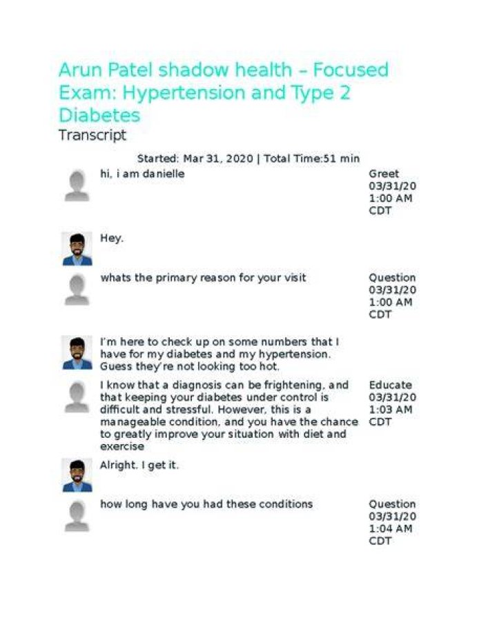 Arun Patel Hypertension and Type 2 Diabetes Shadow Health Transcript